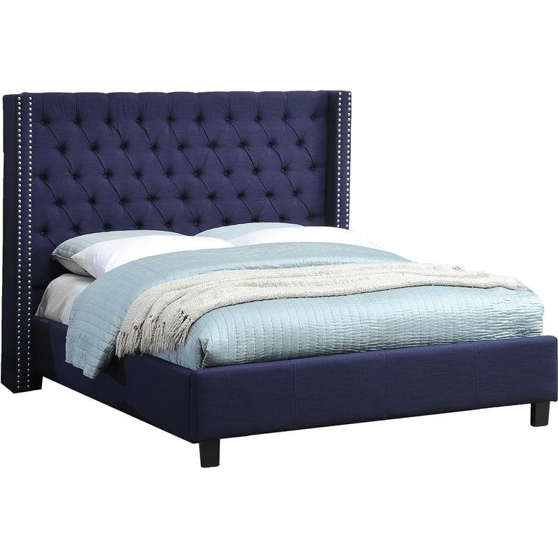 Meridian Furniture Ashton Solid Wood Linen Wing Back King Bed in Navy