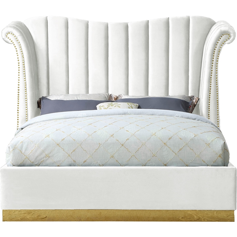 Meridian Furniture Flora Solid Wood and Velvet Queen Bed in White