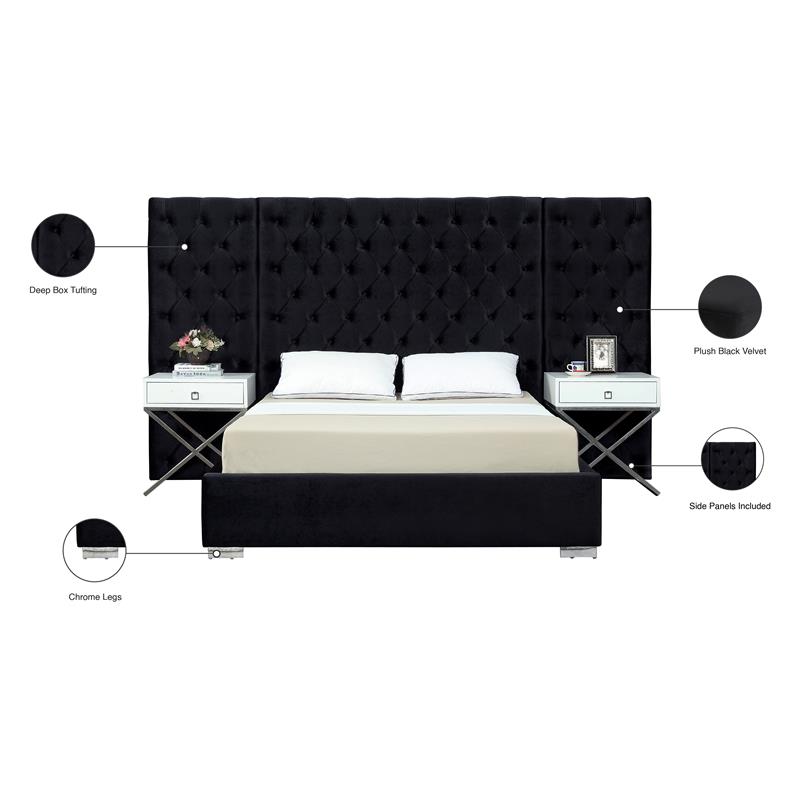 Meridian Furniture Grande Solid Wood and Velvet Queen Bed in Black