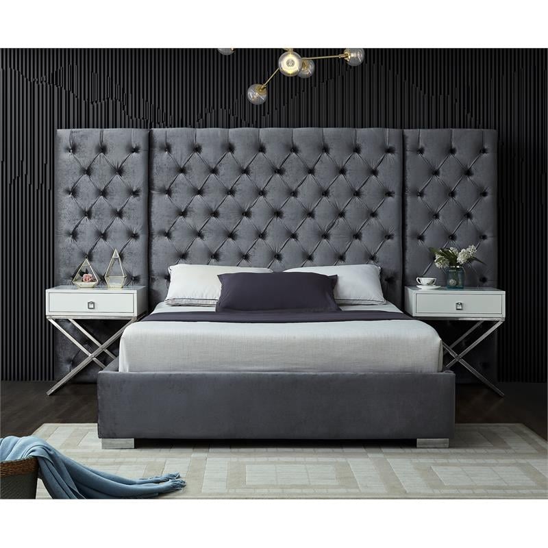 Meridian Furniture Grande Solid Wood and Velvet King Bed in Gray