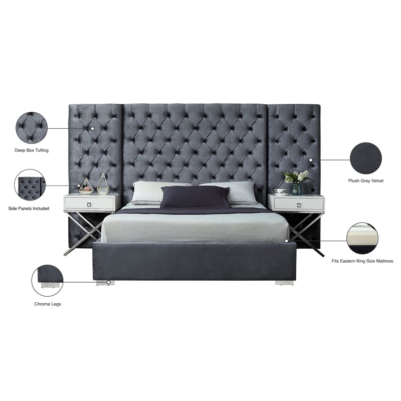 Meridian Furniture Grande Solid Wood and Velvet King Bed in Gray