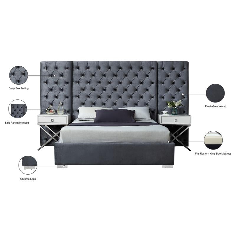 Meridian Furniture Grande Solid Wood and Velvet King Bed in Gray