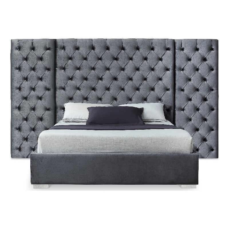 Meridian Furniture Grande Solid Wood and Velvet King Bed in Gray