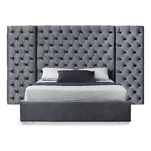 Meridian Furniture Grande Solid Wood and Velvet King Bed in Gray