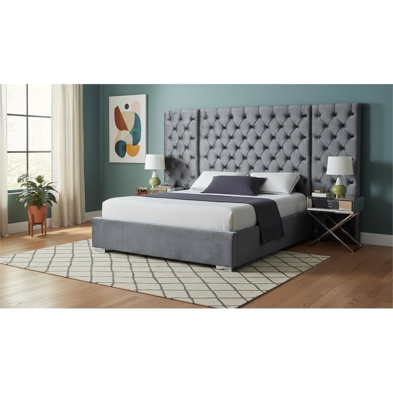 Meridian Furniture Grande Solid Wood and Velvet King Bed in Gray
