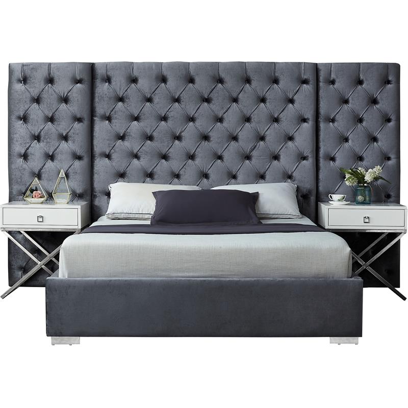 Meridian Furniture Grande Solid Wood and Velvet Queen Bed in Gray
