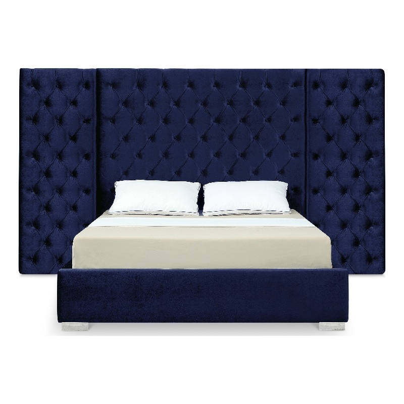Meridian Furniture Grande Solid Wood and Velvet King Bed in Navy
