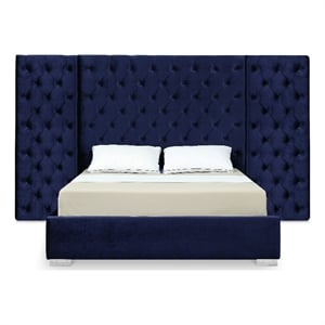 Meridian Furniture Grande Solid Wood and Velvet King Bed in Navy