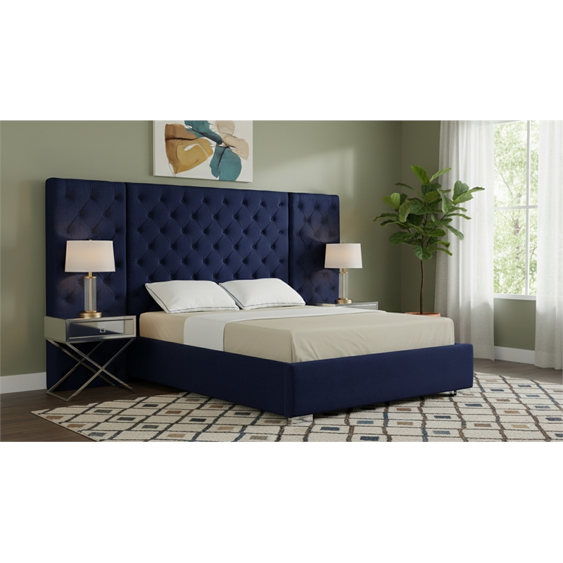 Meridian Furniture Grande Solid Wood and Velvet King Bed in Navy