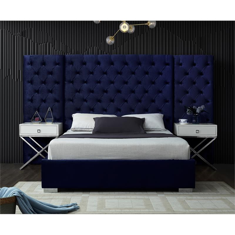 Meridian Furniture Grande Solid Wood and Velvet Queen Bed in Navy