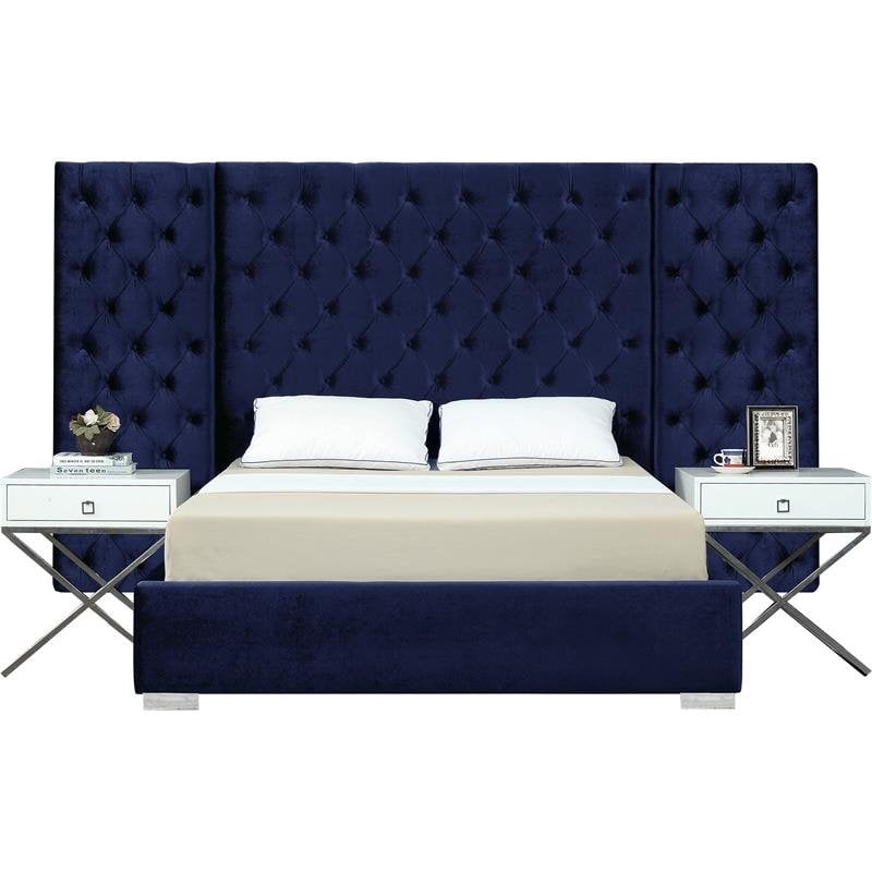 Meridian Furniture Grande Solid Wood and Velvet Queen Bed in Navy