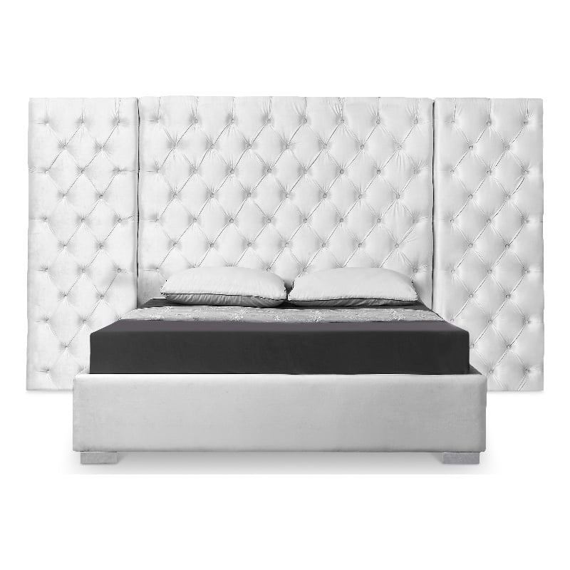 Meridian Furniture Grande Solid Wood and Velvet King Bed in White
