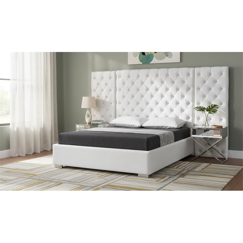 Meridian Furniture Grande Solid Wood and Velvet King Bed in White
