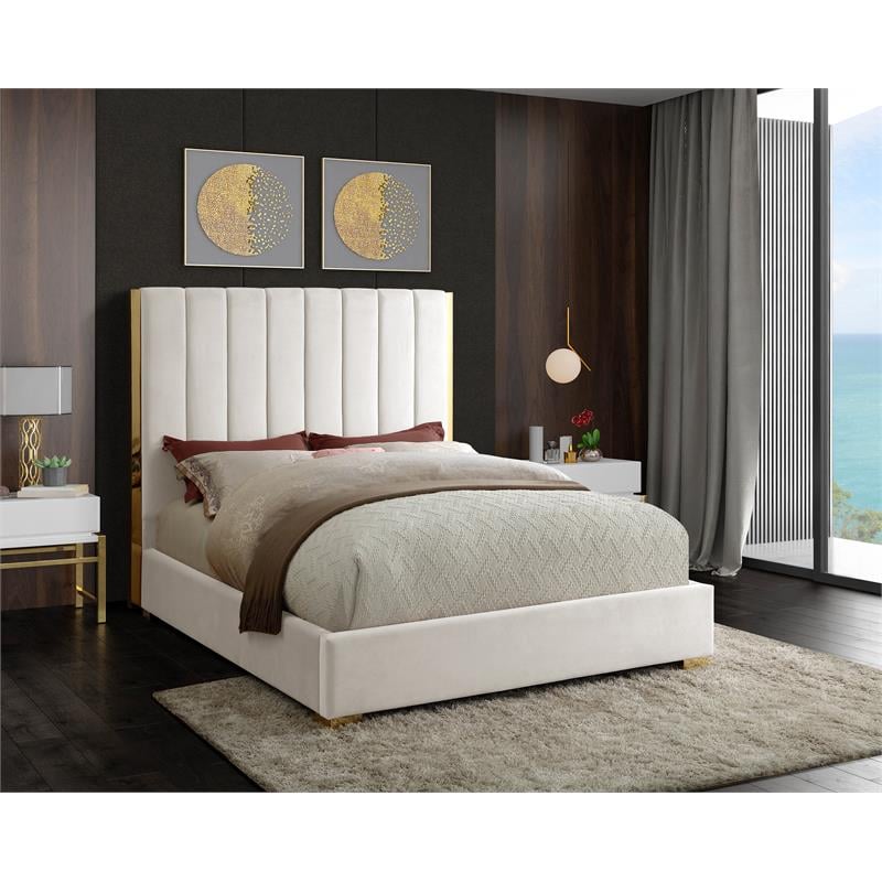 Meridian Furniture Becca Metal and Velvet Upholstered Queen Bed in Cream/Gold