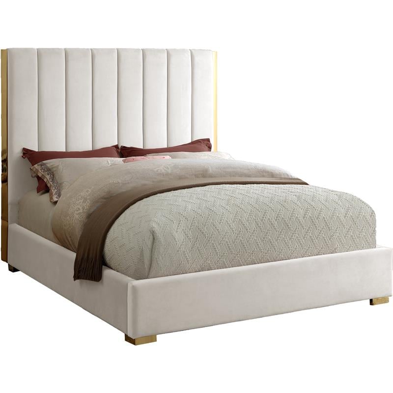 Meridian Furniture Becca Metal and Velvet Upholstered Queen Bed in Cream/Gold