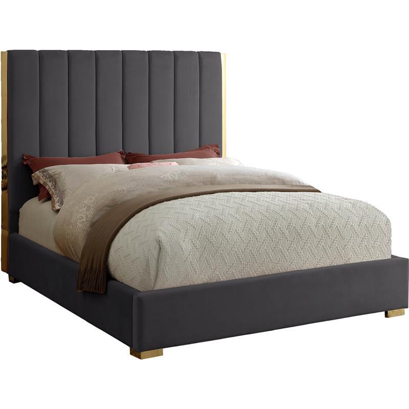 Meridian Furniture Becca Metal and Velvet Full Bed in Gray