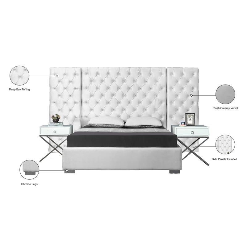 Meridian Furniture Grande Solid Wood and Velvet Queen Bed in White