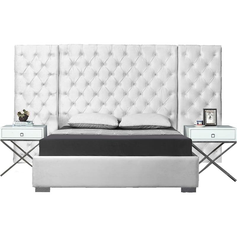 Meridian Furniture Grande Solid Wood and Velvet Queen Bed in White