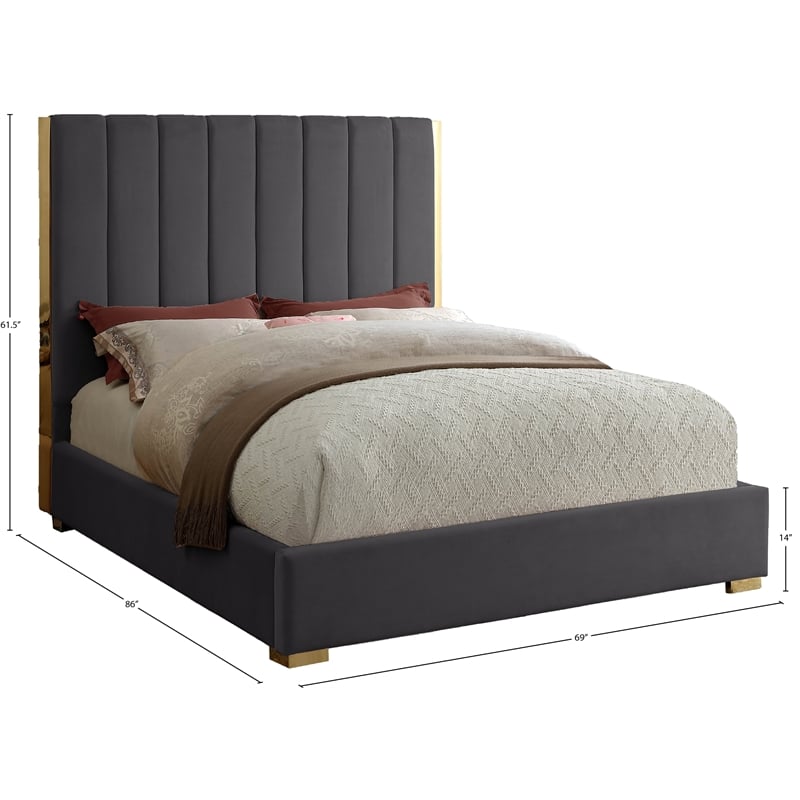 Meridian Furniture Becca Metal and Velvet Queen Bed in Gray