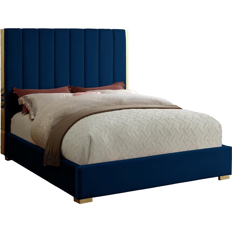 Meridian Furniture Becca Metal and Velvet Queen Bed in Navy