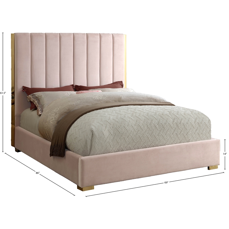 Meridian Furniture Becca Metal and Velvet Queen Bed in Pink
