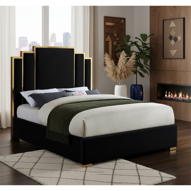 Meridian Furniture Hugos Black Velvet Queen Bed