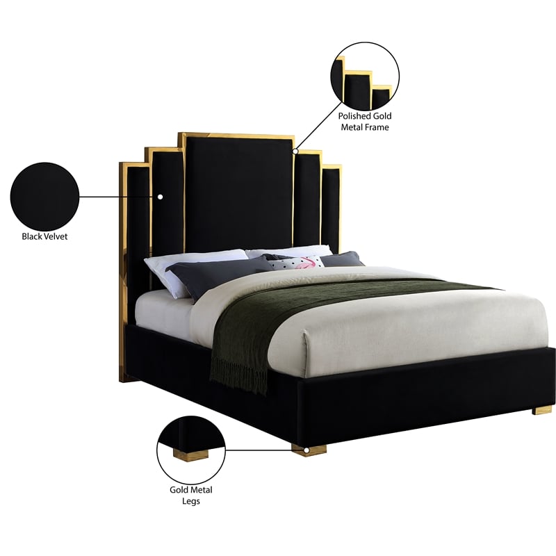 Meridian Furniture Hugos Black Velvet Queen Bed