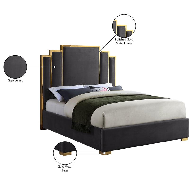 Meridian Furniture Hugos Gray Velvet King Bed