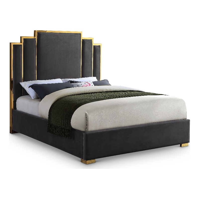 Meridian Furniture Hugos Gray Velvet Queen Bed