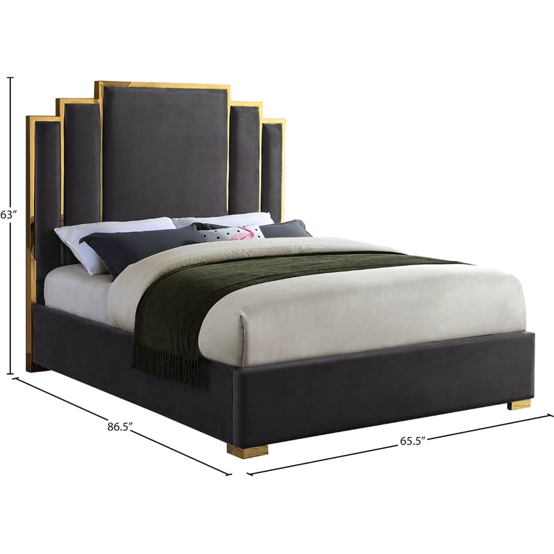 Meridian Furniture Hugos Gray Velvet Queen Bed