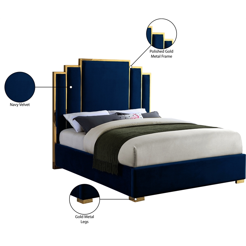 Meridian Furniture Hugos Navy Velvet Queen Bed