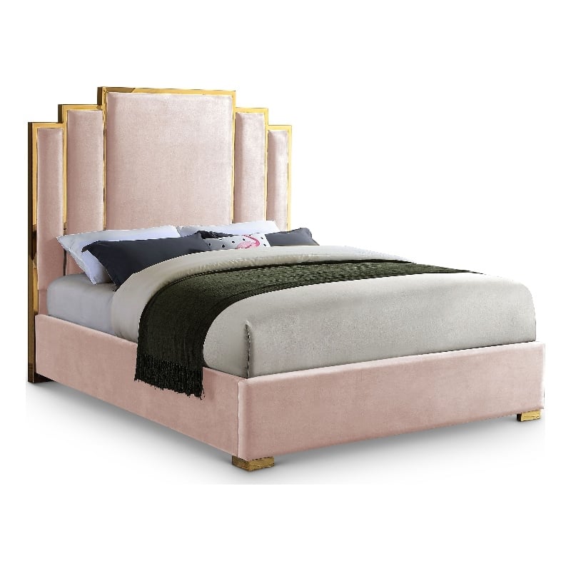 Meridian Furniture Hugos Pink Velvet King Bed