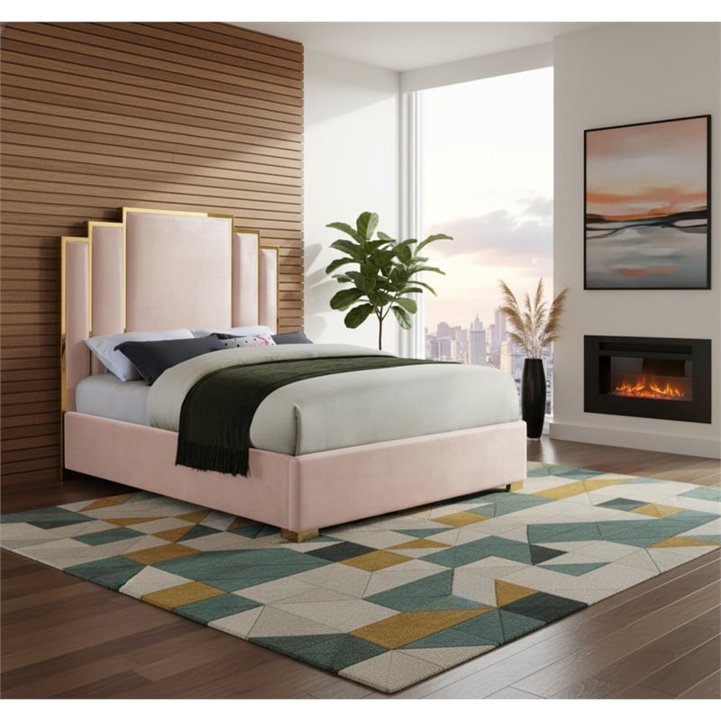 Meridian Furniture Hugos Pink Velvet King Bed