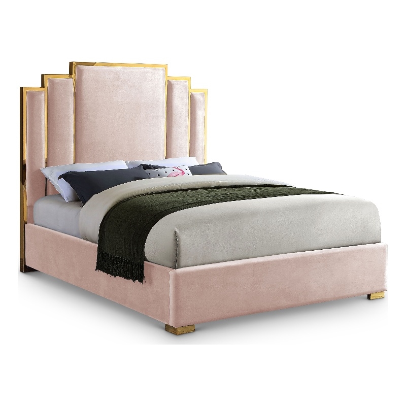 Meridian Furniture Hugos Pink Velvet Queen Bed
