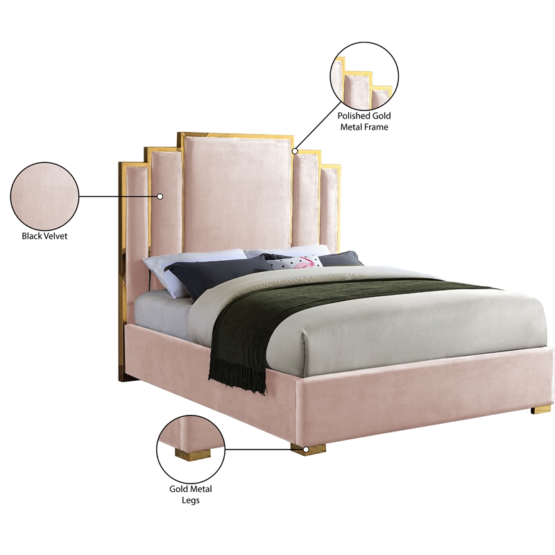 Meridian Furniture Hugos Pink Velvet Queen Bed