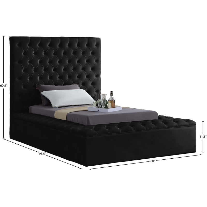 Meridian Furniture Bliss Solid Wood Tufted Velvet Twin Bed in Black