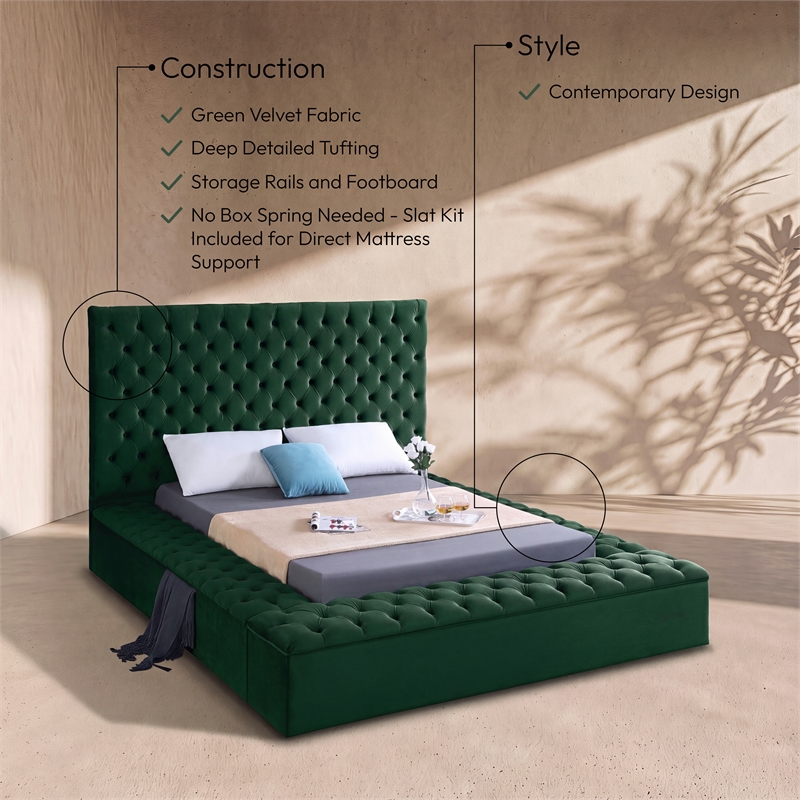 Meridian Furniture Bliss Solid Wood Tufted Velvet Full Bed in Green