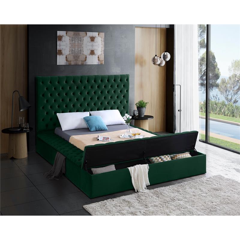 Meridian Furniture Bliss Solid Wood Tufted Velvet Queen Bed in Green