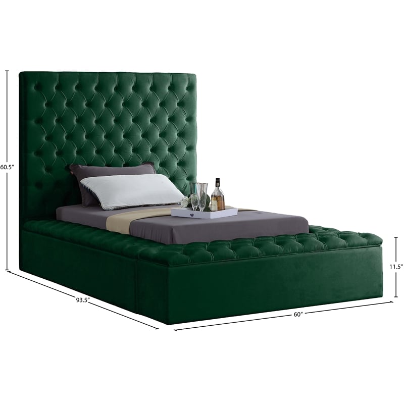 Meridian Furniture Bliss Solid Wood Tufted Velvet Twin Bed in Green