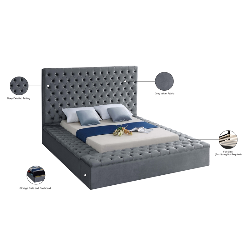 Meridian Furniture Bliss Solid Wood Tufted Velvet Full Bed in Gray