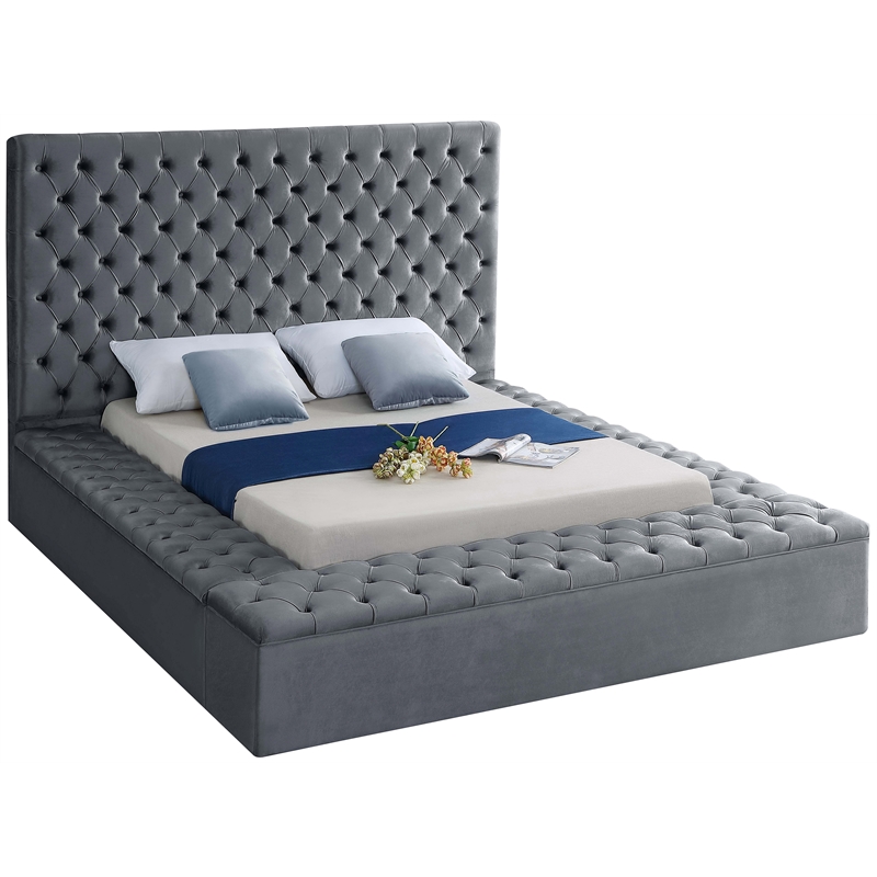 Meridian Furniture Bliss Solid Wood Tufted Velvet Full Bed in Gray