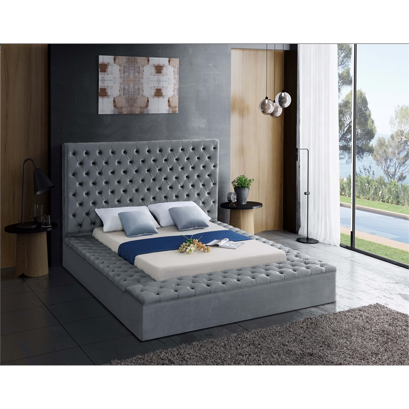 Meridian Furniture Bliss Solid Wood Tufted Velvet King Bed in Gray