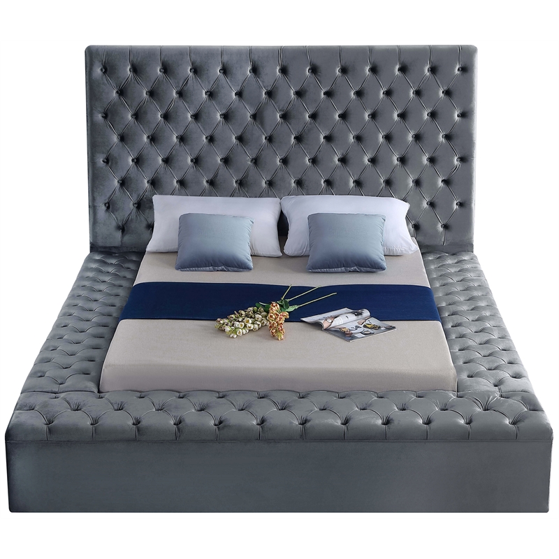 Meridian Furniture Bliss Solid Wood Tufted Velvet King Bed in Gray