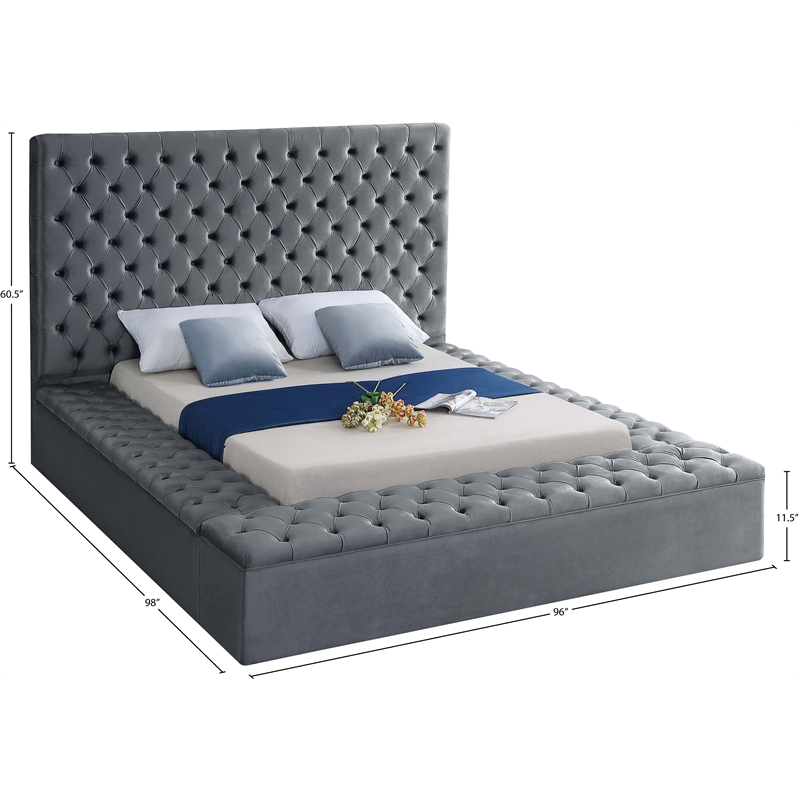 Meridian Furniture Bliss Solid Wood Tufted Velvet King Bed in Gray