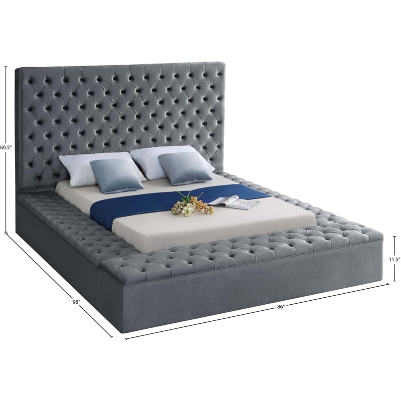 Meridian Furniture Bliss Solid Wood Tufted Velvet Queen Bed in Gray