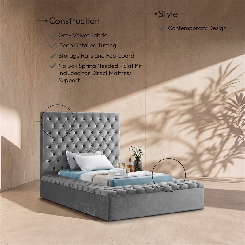 meridian furniture bliss solid wood tufted velvet twin bed in gray