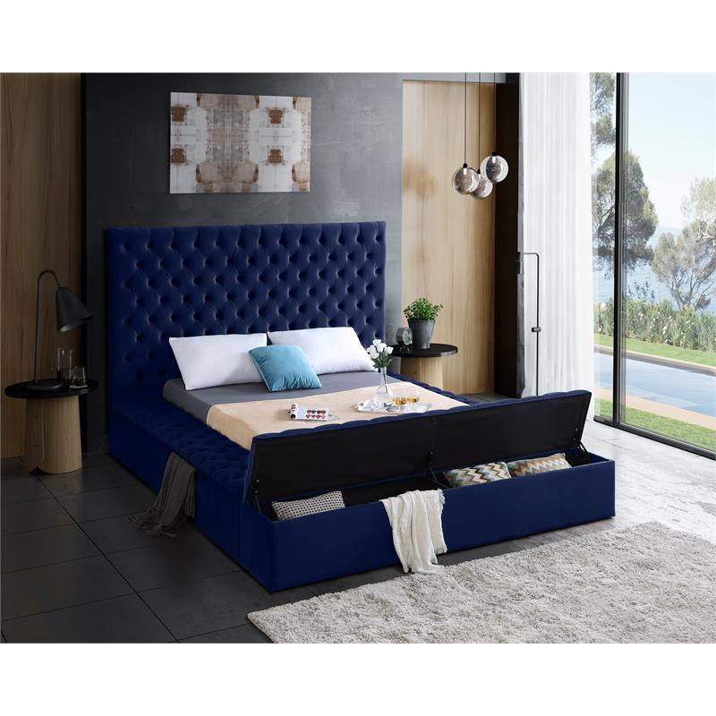 Meridian Furniture Bliss Solid Wood Tufted Velvet Full Bed in Navy