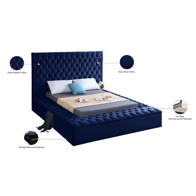 Meridian Furniture Bliss Solid Wood Tufted Velvet Full Bed in Navy
