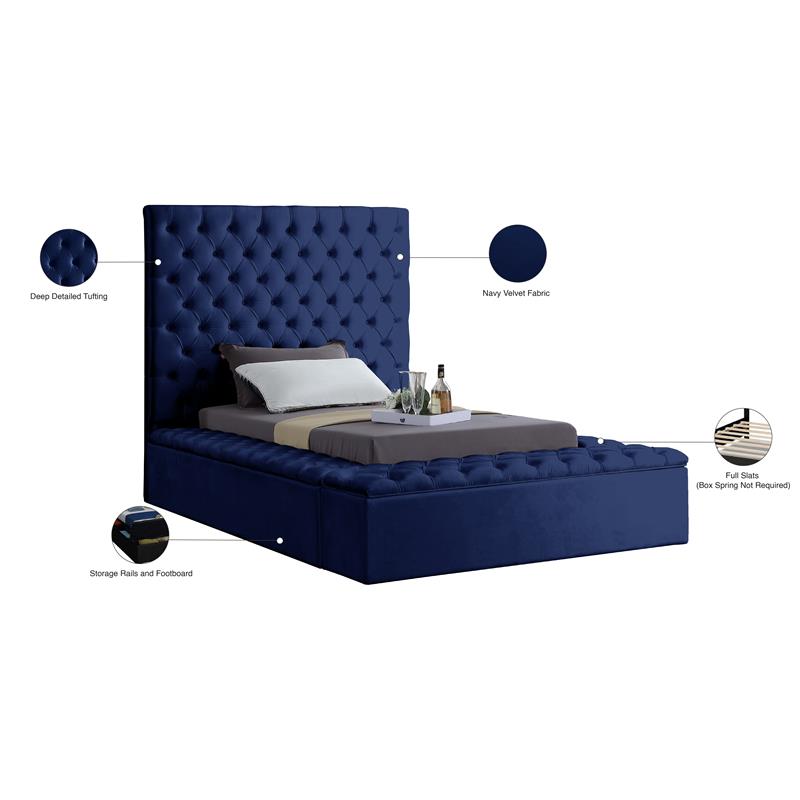 Meridian Furniture Bliss Solid Wood Tufted Velvet Twin Bed in Navy