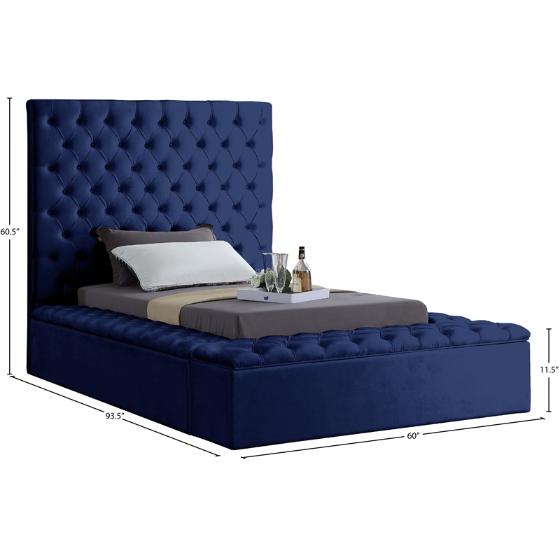 Meridian Furniture Bliss Solid Wood Tufted Velvet Twin Bed in Navy